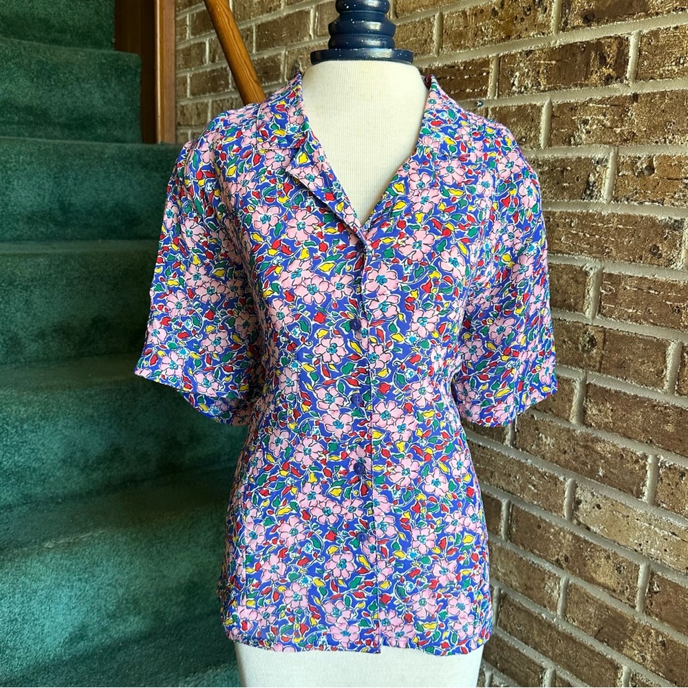 VTG 80s Retro Colorful Sheer Maximalist Floral Print Short Sleeve Shirt